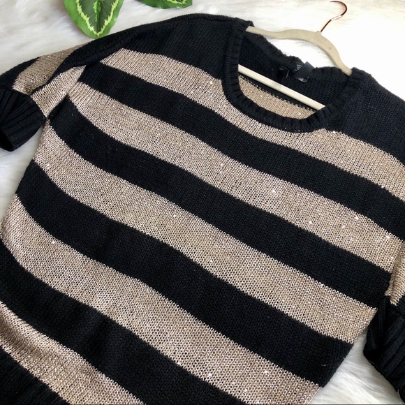 -Tan & Black Striped Knit Sparkle Sweater - Picture 6 of 12
